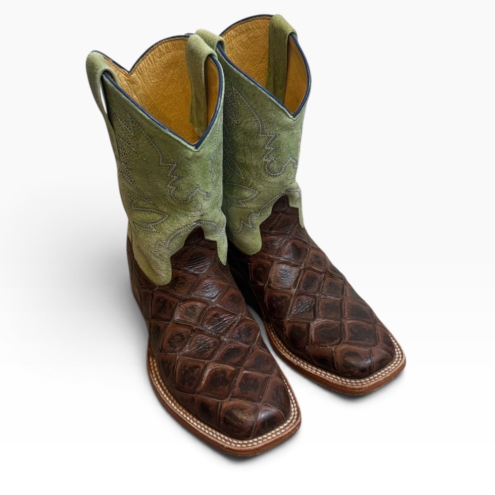 Horse Power Kids Cowboy Boots Brown Fish Print Green leather Square Toe Size 3